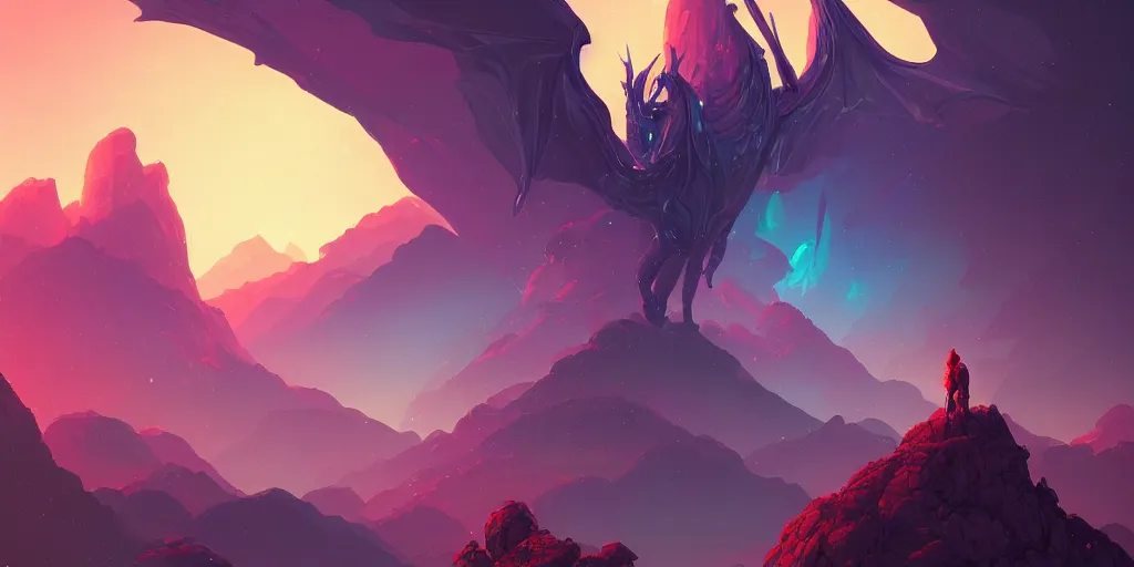 Image similar to a huge techno dragon sit on a mountain, landscape, science fiction fantasy, digital painting bioluminance alena aenami artworks in 4 k design by lois van baarle by sung choi by john kirby artgerm style pascal blanche and magali villeneuve