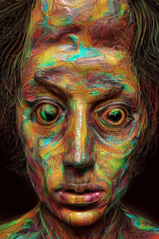 Image similar to psychedelic melting wax face, close up shot, diffuse lighting, intricate, elegant, highly detailed portrait, lifelike, photorealistic, digital painting, smooth, sharp focus