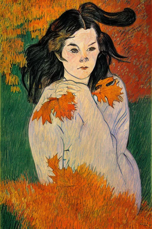 Image similar to young woman's face surrounded by Autumn leaves, long black hair, pale skin, symmetrical face, photorealism, 4k, dramatic lightning, by Toulouse-Lautrec,