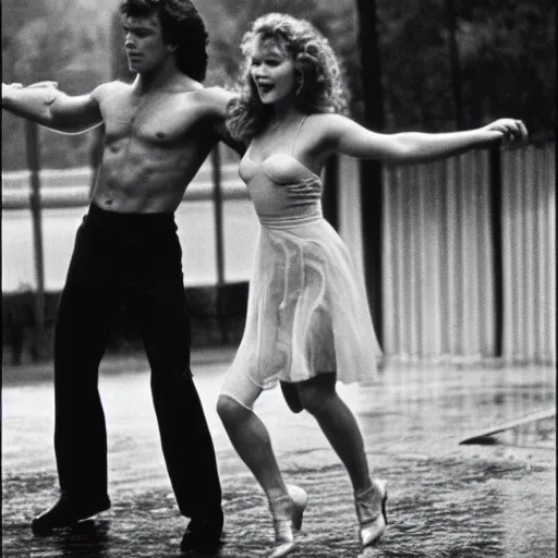 Image similar to dirty dancing poster with young arnold schwarzenegger dancing with jennifer lawrence in the rain, beautiful white wet dress, 5 0 mm cinema shot, beautiful light, best lense, 9 0 s romantic movie, 4 k