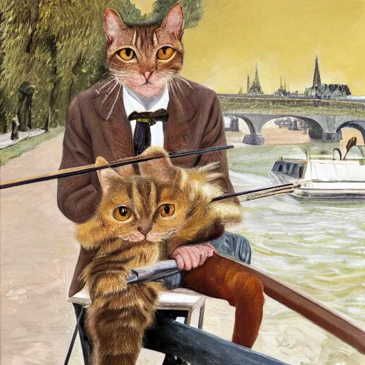 Image similar to high quality high detail painting by lucian freud, hd, ewan mcgregor painting a canvas on easel by river seine dressed as a gentleman in paris at early 2 0 th century. brown cat with him