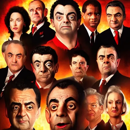 Prompt: armageddon movie poster with all characters faces swapped with rowan atkinson, high detail, realistic, 4 k