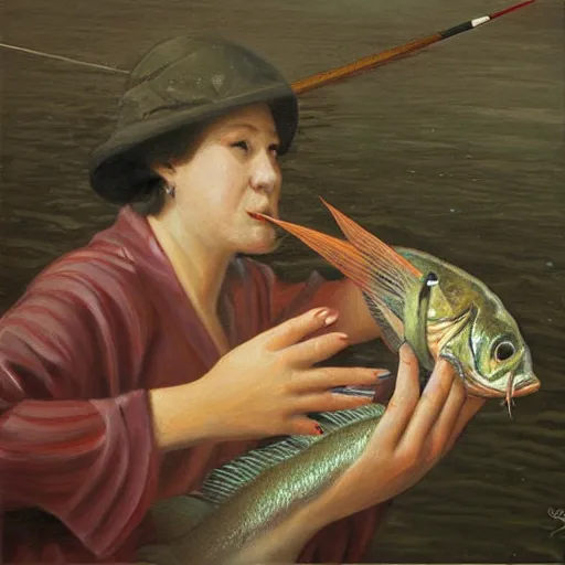 Prompt: a lady slapping a fish against a man’s face, photorealistic painting