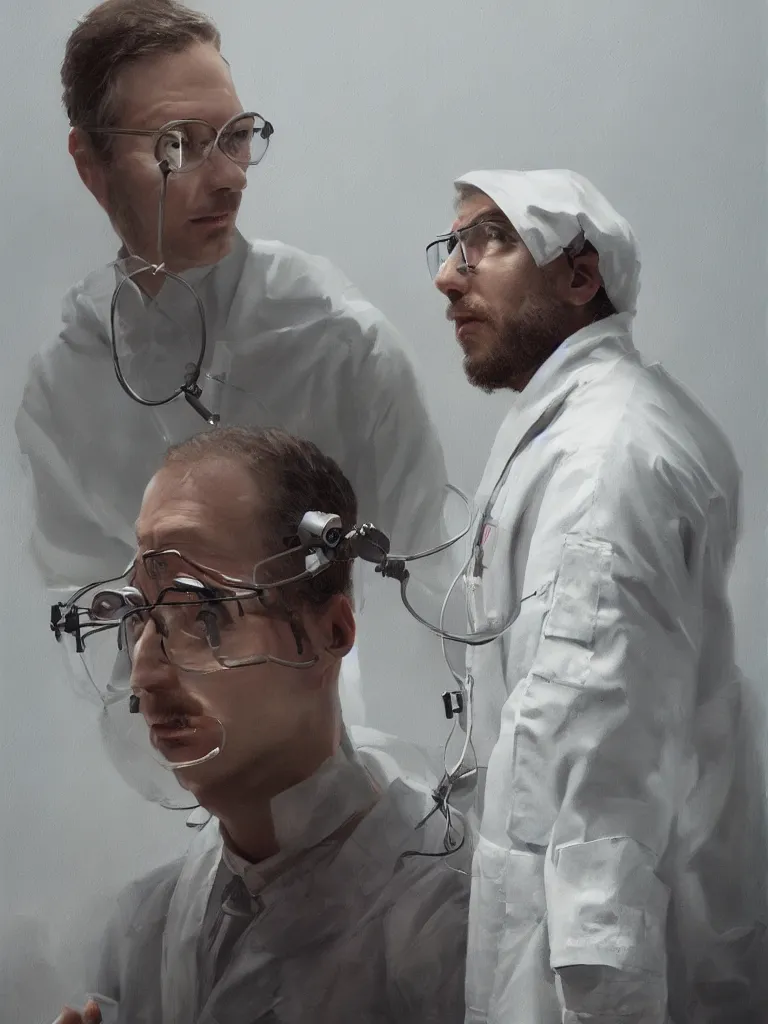 Prompt: a portrait of a scientist in a white coat in a painting from stalenhag, 4 k, 8 k, hdr, artstation, concept art