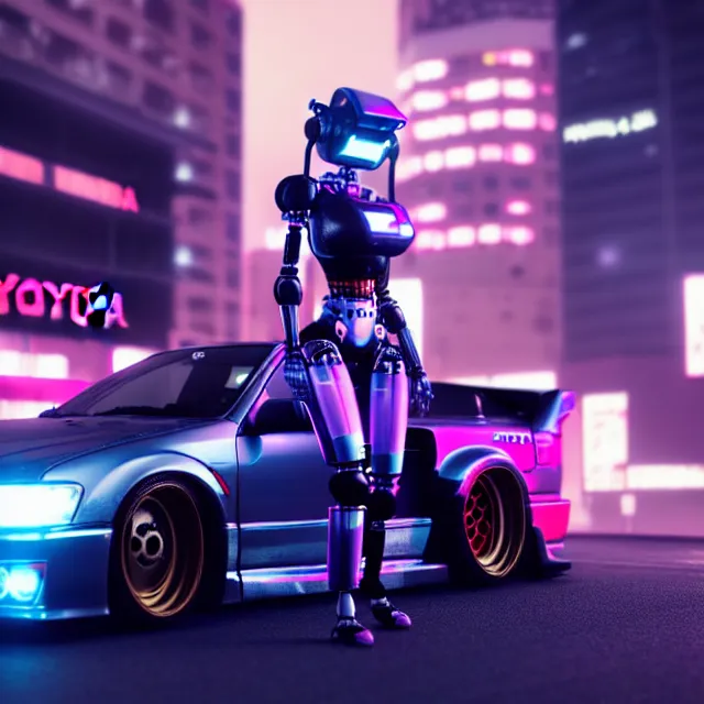 Image similar to toyota jzx 1 0 0 drift with pretty cyberpunk robot girl standing, detailed wheels, shibuya prefecture, cinematic lighting, photorealistic, night photography, octane render by tomino - sama