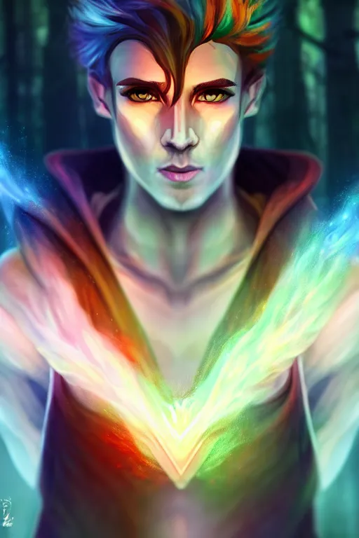 Image similar to a human elemental sorcerer, forest setting, colorful magic, male, white skin, young, sharp focus, concept art, dynamic lighting, by emylie boivin