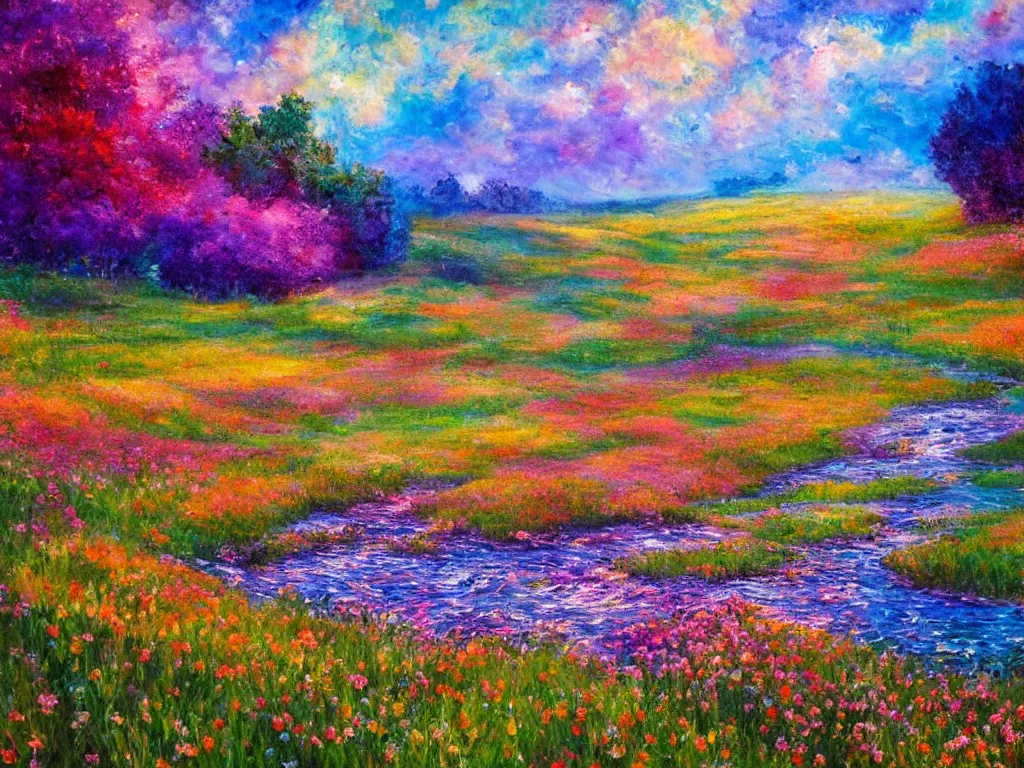 Image similar to an impressionist painting of a gorgeous meadow filled with colorful mushrooms with a stream flowing through it, psychedelic colors, colorful sky in background, high detail, trending on artstation