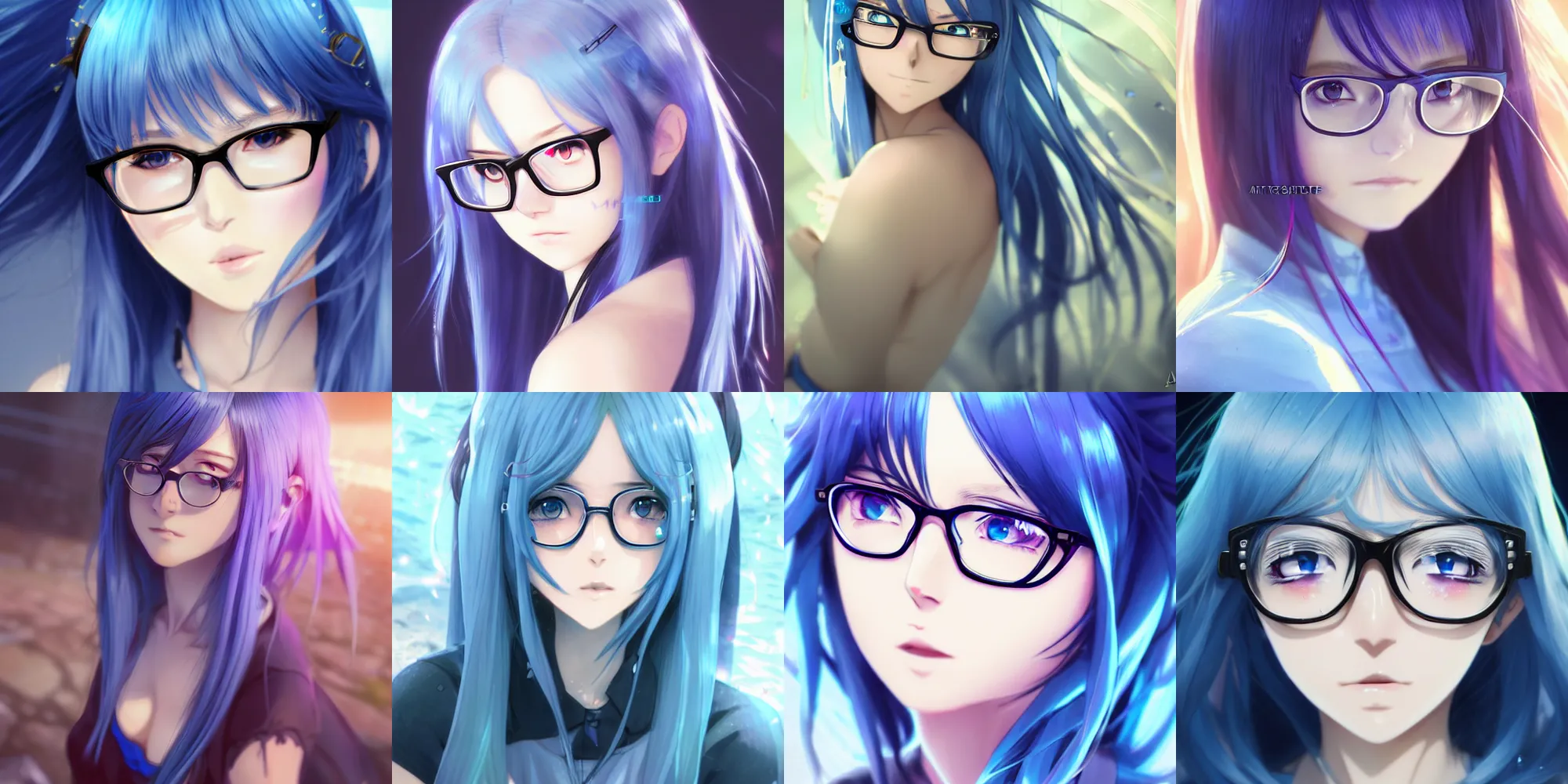 Prompt: very beautiful anime girl with glasses, long blue hair, azure blue watery eyes, full round face, seductive over the shoulder glances, lens flare, cinematic lighting, medium shot, mid-shot, highly realistically detailed, trending on pixiv, Unreal Engine 4k, Stanley Artgerm Lau, WLOP, Rossdraws, James Jean, Marc Simonetti, and Sakimichan