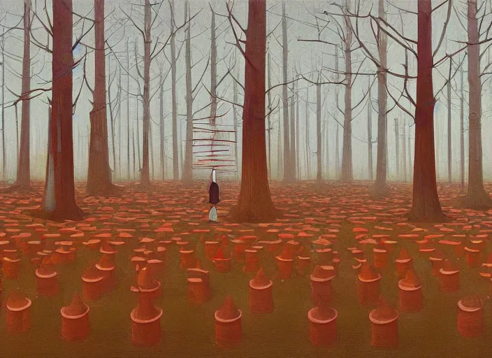 Image similar to a forest with a 5 orange cones scattered about, by surrealist james jean, in the style of francis bacon and edward hopper and beksinski