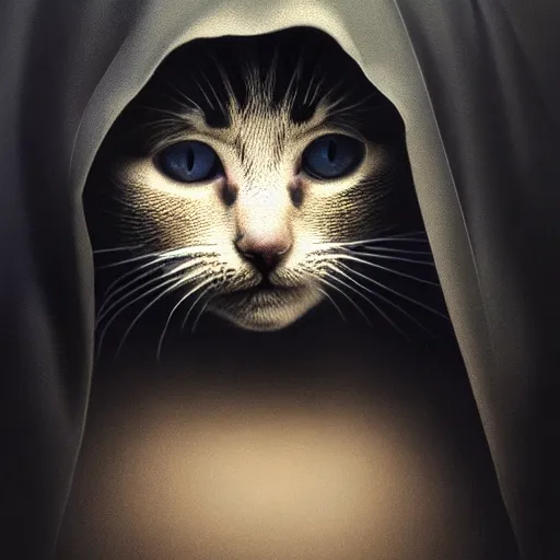 Image similar to a portrait of a kitten wearing a black hood, cloak covering face, anatomically correct, beautiful perfect face, enigmatic, oil painting, matte, black background, Volumetric dynamic lighting, Highly Detailed, Cinematic Lighting, Unreal Engine, 8k, HD, by Beksinski