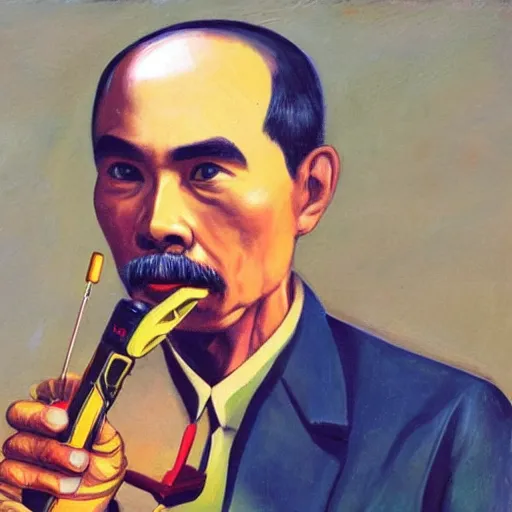 Prompt: Portrait of Ho Chi Minh holding Electric Cordless Drill