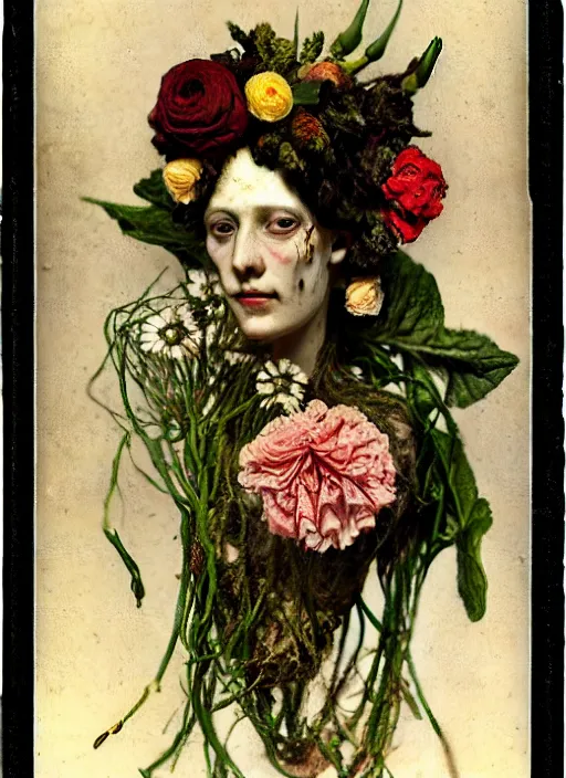 Prompt: beautiful and detailed rotten woman made of plants and many types of stylized flowers like carnation, chrysanthemum, roses and tulips, intricate, surreal, john constable, guy denning, gustave courbet, caravaggio, romero ressendi 1 9 1 0 polaroid photo