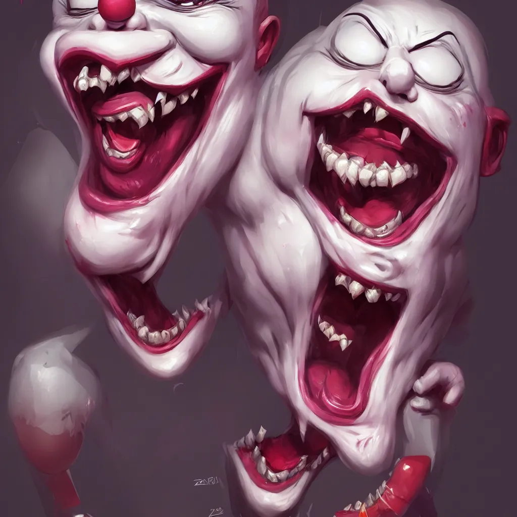 Prompt: a scary female clown laughing, directed gaze, full - body and head view, highly detailed, zeronis style, artstation, soft light, sharp focus, illustration, character design, concept art