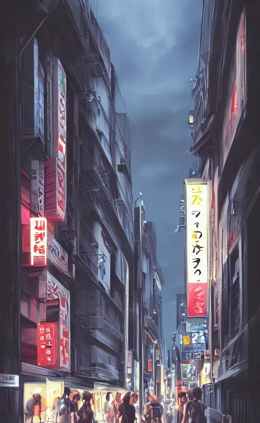 Prompt: tokyo street, lighting, dark sky by artgerm