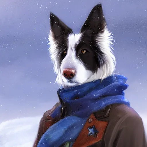 Prompt: beautiful portrait of a cute male anthropomorphic border collie fursona wearing a blue cowboy outfit in a tundra. character design by charlie bowater, henry asencio, and ross tran. scenic background, detailed, glamor pose, aesthetic, trending on artstation, top rated on furaffinity and deviantart