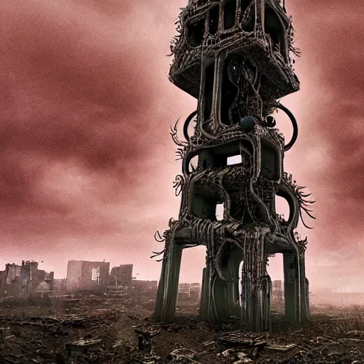 Prompt: giant evil bio-organic fleshy complex machine tower with tendrils and one eyeball at the top looking over a stormy post-apocalyptic wasteland, dystopian art