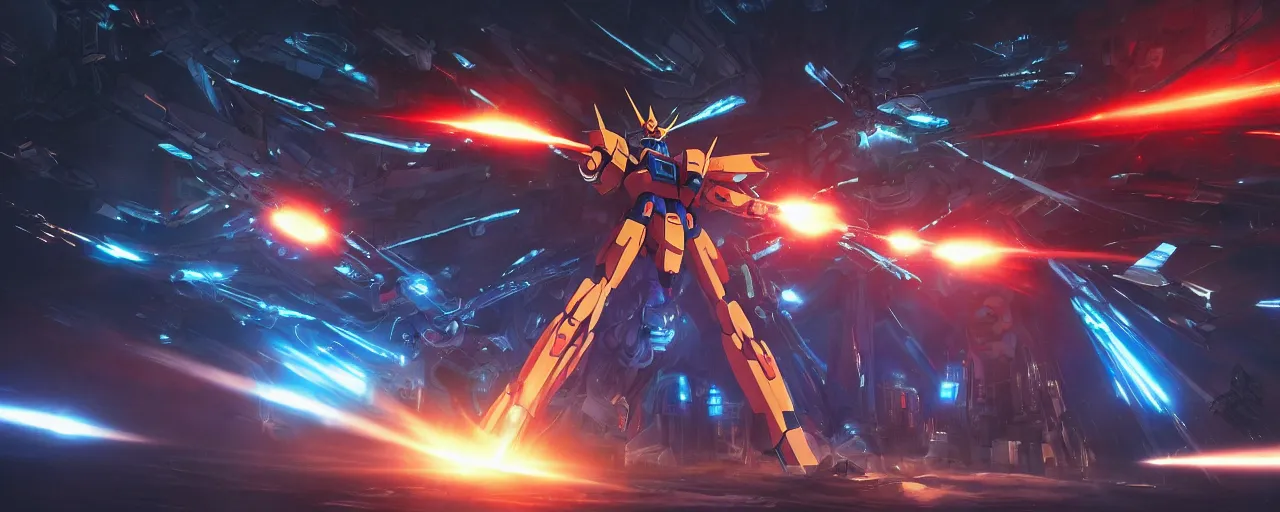 Image similar to concept art, mobile suit gundam in battle, high energy particle beam weapon, dynamic floating gun, multiple missile trajectory, plasma laser sword, giant shield, gunpowder smoke and mecha debris, full of pressure, science fiction, backlight, volumetric light, lightrays, cinematic, atmospheric, octane render, unreal engine, cinematic lighting, intricate details, 8 k.