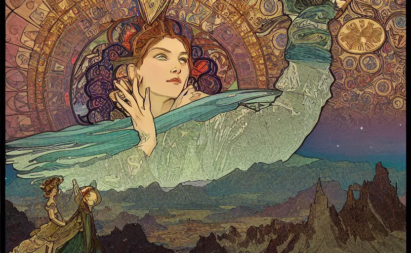 Prompt: mountains, stars and paisley filled sky, artstation, intricate, highly detailed, digital painting, concept art, sharp focus, illustration by Alphonse Mucha and Ivan Bilibin