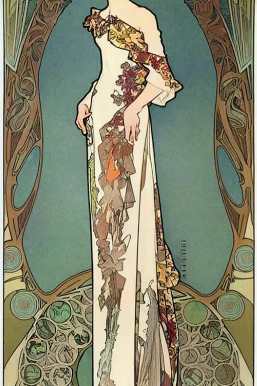 Image similar to 4 elegant full length dress designs with natural history prints designed by alphonso mucha