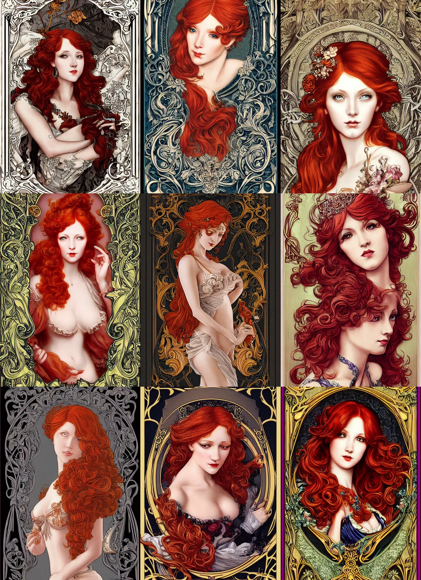 Prompt: redhead woman, rococo and art nouveau, tarot card, highly detailed, deep focus, elegant, smooth, sharp focus, 8 k, artgerm, james jean