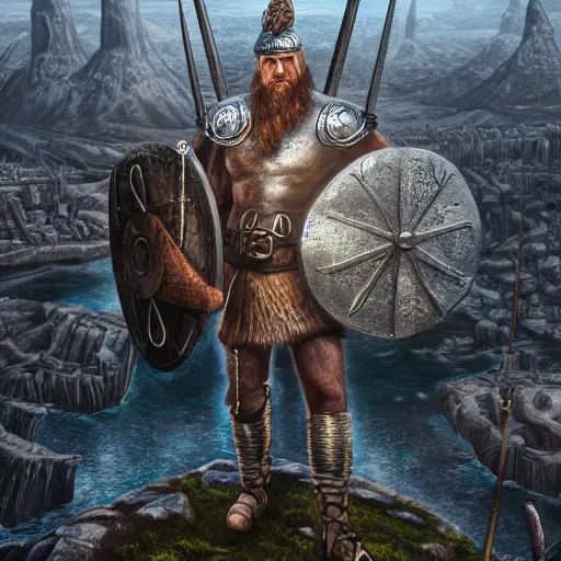 Image similar to an ultra detailed mighty viking standing portrait in front of a highly detailed landscape of a big and structured city inpired by valhalla, big and structured valhalla city, viking heaven, god rays, inspired by norse mythology, portal to outer space, 4k digital art, octane render, trending on artstation, digital art,