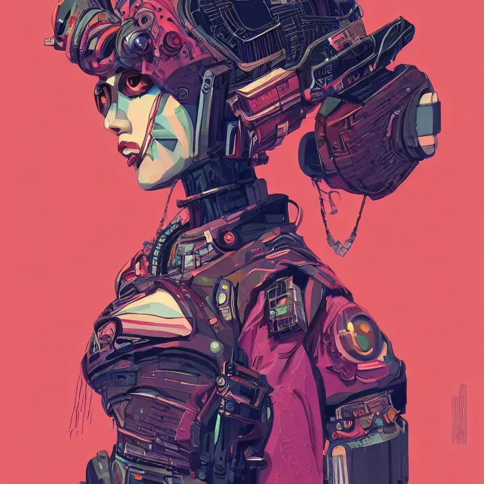 Prompt: a beautiful painting of a cyberpunk geisha by malika favre, in style of noir illustration. colorful comic, symmetry, sci fi, hyper detailed. octanev render. trending on artstation, high detailed, smooth draw.