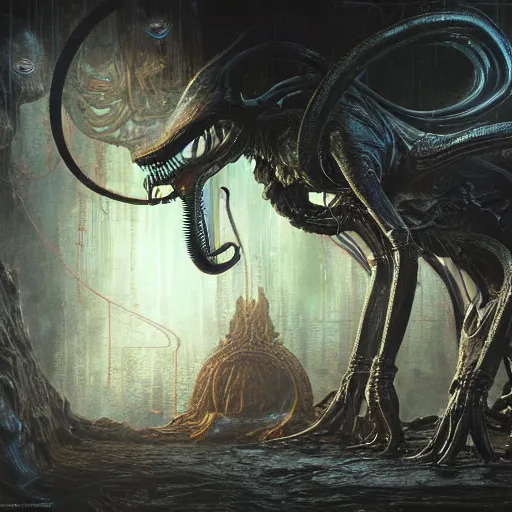 Image similar to mickey mouse xenomorph chimera lurking in dark room, wet dripping, mickey mouse ears, designed by h. r. giger, highly intricate detailed 8 k ultrarealistic octane render by artgerm and rutkowski and beksinski and mucha