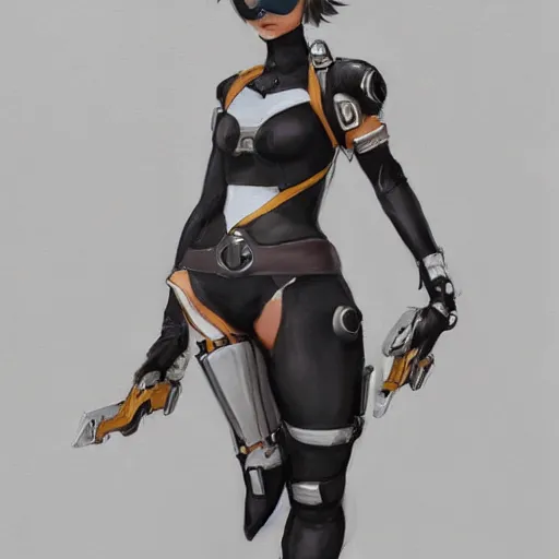 Image similar to a highly detailed beautiful portrait of tracer from overwatch as 2 b nier automata wearing a skintight suit!!, concept art, detailed, detailed face, by gregory manchess, james gurney, james jean, trending on artstation, artstationhq, artstationhd