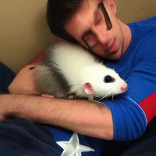 Image similar to A ferret is cuddling Captain America