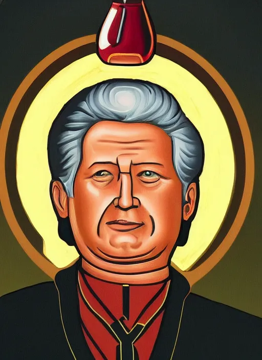 Image similar to president yeltsin with a bottle of vodka, icon with a halo, color art in a church style