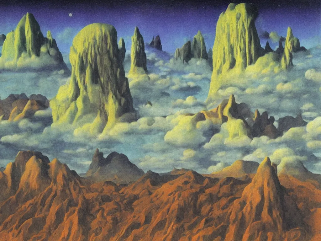 Image similar to Aurora Borealis night, sweaty mountain, the antler people, giant raindorps, African god mask, acid rains. The sacred breast, Fata morgana above the oasis. Painting by Rene Magritte, Jean Delville, Max Ernst, Maria Sybilla Merian