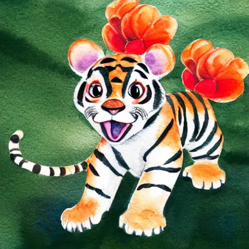 Prompt: low angle watercolor drawing on paper, a curious baby tiger with big eyes smelling a red flower, curly tail, cute, watercolor, kawaii, wide angle shot, full shot, illustration, white background, very detailed, high quality, anime style