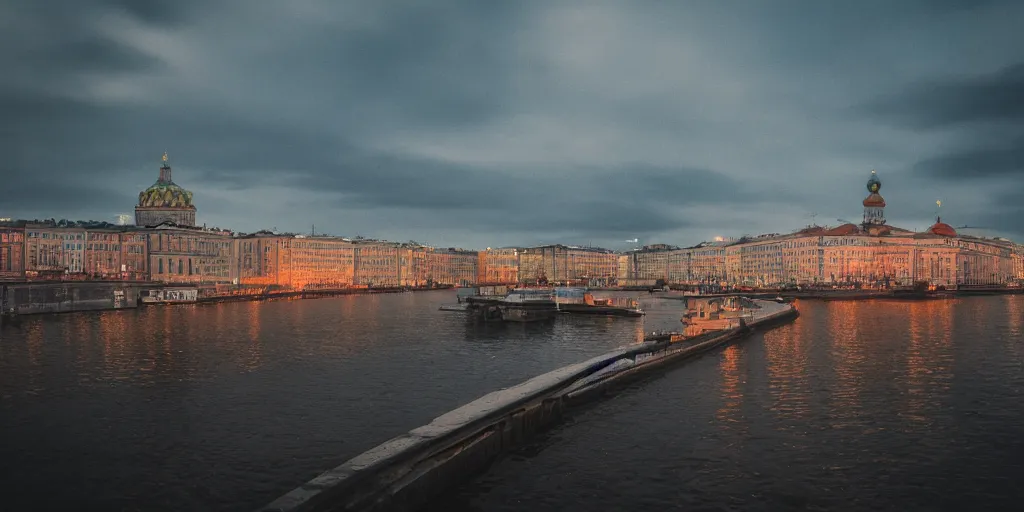 Prompt: cinematic street shot of a floating saint petersburg city, telephoto, anamorphic cinematography, beautiful composition, color theory, leading lines, photorealistic, moody volumetric lighting