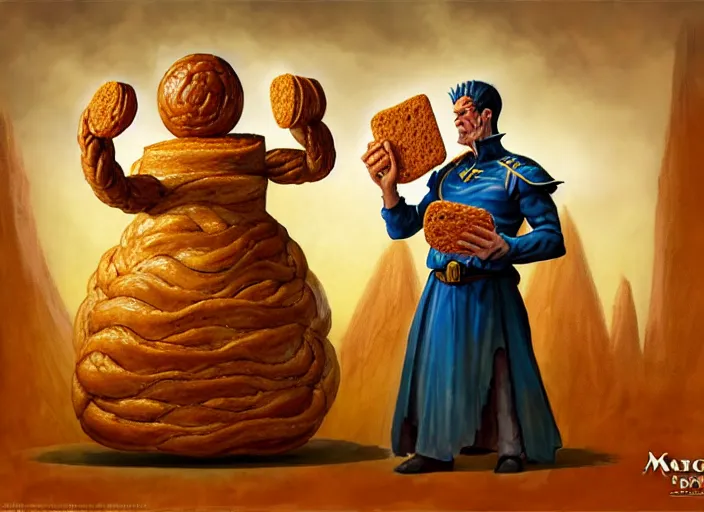 Image similar to a character made entirely out of bread giving a speech at a podium and wearing royal clothing, by marco bucci and frank frazetta, magic : the gathering fantasy concept art, high resolution. there is an audience of bread - people - hybrids in the background, fantasy coloring, intricate, digital painting, artstation, smooth, sharp focus