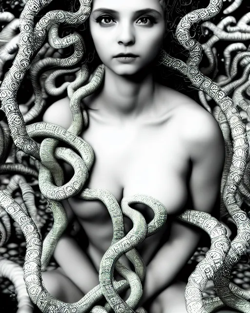 Image similar to mythical dreamy underwater artistic black and white photo of a translucent beautiful young female angelic - medusa - vegetal - doll, highly detailed, intricate crystal ivy jelly ornate, poetic, translucent algae ornate, digital art, octane render, 8 k artistic photography, photo - realistic, hg giger flora borsi