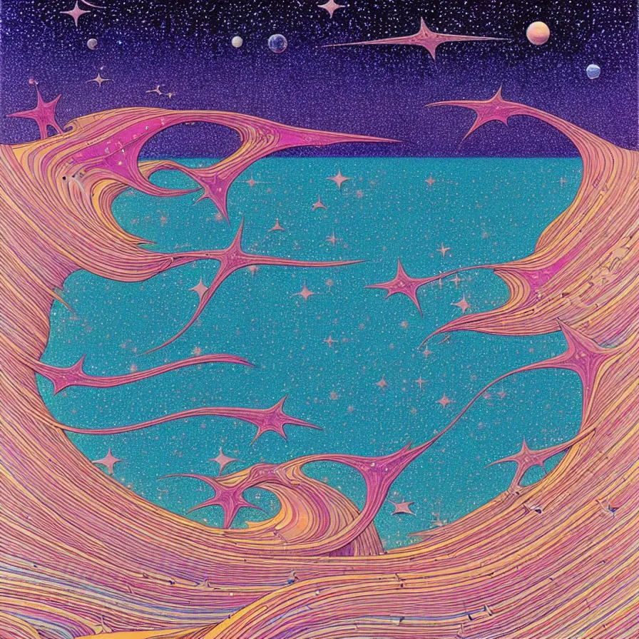 Image similar to ( ( ( ( shinning starry sky and sea, with decorative frame design ) ) ) ) by mœbius!!!!!!!!!!!!!!!!!!!!!!!!!!!, overdetailed art, colorful, artistic record jacket design