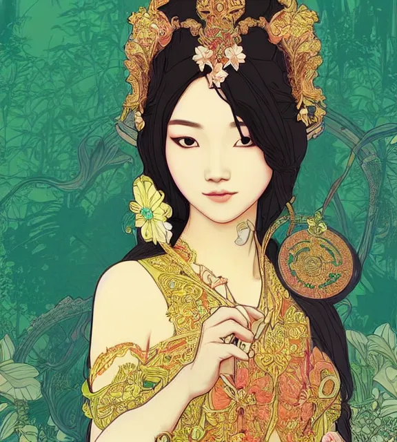 Image similar to beautiful and detailed digital illustration of thai princess by kittichai rueangchaichan and Ilya Kuvshinov, floralpunk, Artstation, art nouveau aesthetic, Alphonse Mucha background, intricate details,