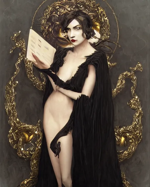 Image similar to a portrait of black furry shadow nightmare monster and human hybrid, long black velvet gown, gold necklaces, illustration, dramatic lighting, soft details, painting oil on canvas, art nouveau, octane render, HDR, 4k, 8k, HD, by Edmund Blair Leighton, Brom, Charlie Bowater, trending on artstation, Tom Bagshaw, faces by otto Schmidt