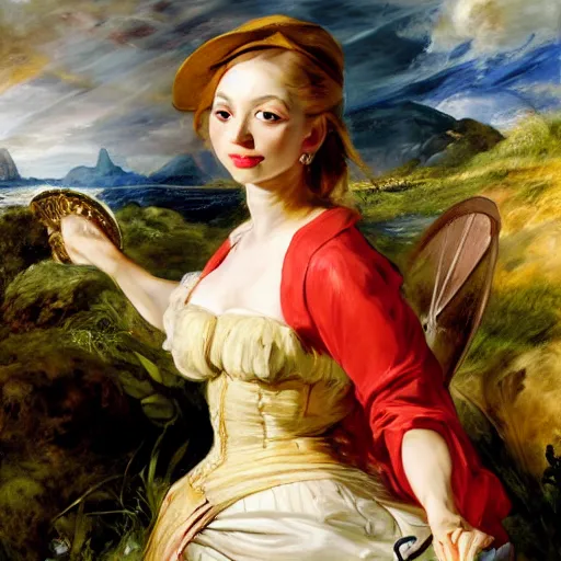 Image similar to heavenly summer sharp land sphere scallop well dressed lady standing next to a honda civic, auslese, by peter paul rubens and eugene delacroix and karol bak, hyperrealism, digital illustration, fauvist, standing next to a honda civic