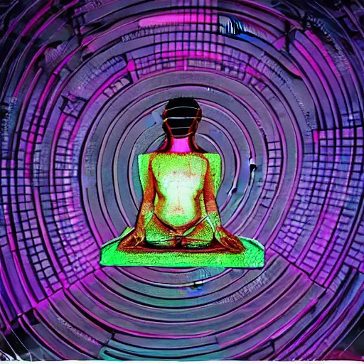 Prompt: meditating in a machine dream shiny metallic colourful in the dark liminal space