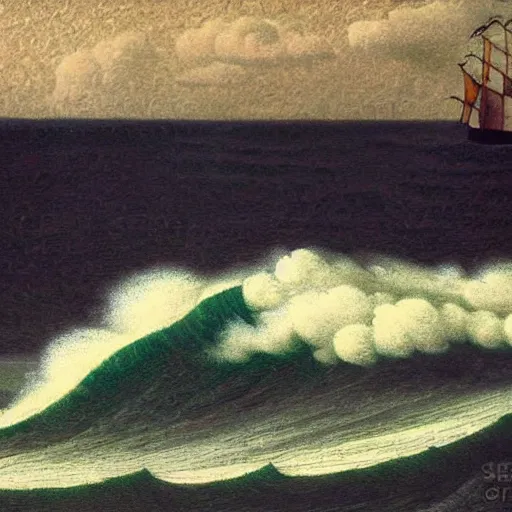 Prompt: epic pirate battle in high rough waves with storm clouds and lightning all around in the style of Grant Wood ,