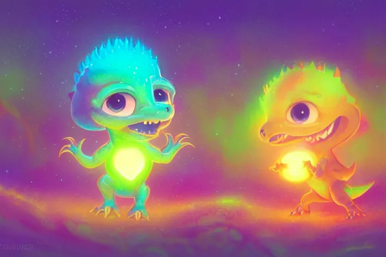 Image similar to pixar designed cute, smiling chibi style baby dinosaurs made entirely out of glowing electrified plasma, having fun inside a psychedelic realm made entirely out of love and acceptance and hypercolors. astral beings sharing love. greg rutkowski and wlop and lisa frank! and ruan jia, illustration, epic, fantasy, hyper detailed, smooth, unreal engine, sharp focus, ray tracing