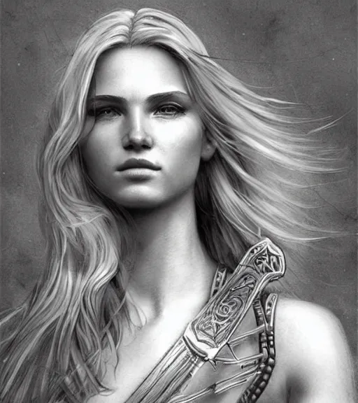 Image similar to portrait of very beautiful aphrodite goddess as an archer, arrow, beautiful piercing eyes, flowing blonde hair, realistic face, black and white drawing, in the style of greg rutkowski, fantasy, amazing detail, epic, intricate, elegant, smooth, sharp focus