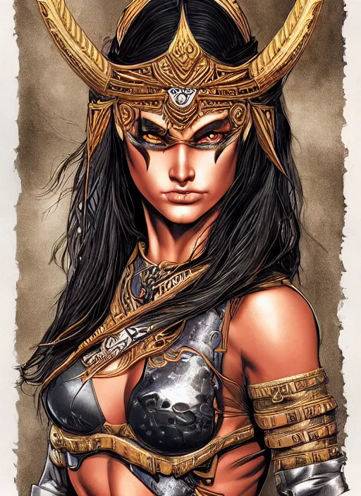 Image similar to a highly detailed symmetrical painting of a female amazon warrior with piercing beautiful eyes in dark tomb setting, dynamic lighting, ambient lighting, deviantart, art by artgerm and glenn fabry