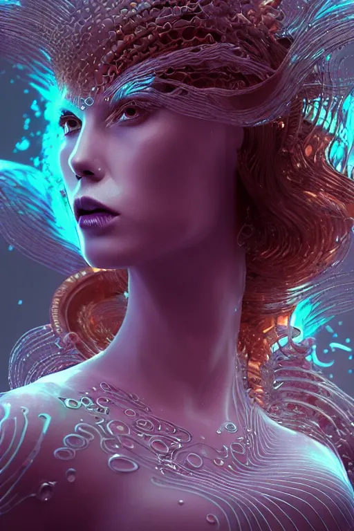 Image similar to a render of an ancient futuristic ethereal mermaid with digital modifications surrounded by a underwater ink pour and flowing liquid gallium and complex sacred geometry, powerful, cinematic, beautifully lit, perfect face, by beeple, by artgerm, by karol bak, by brian froud, 3 d, trending on cgsociety, octane render, 8 k