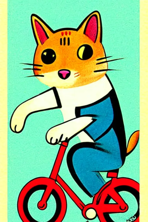 Image similar to a 1 9 5 0 s retro illustration. a cat riding a bike. by richard scarry. muted colors, detailed