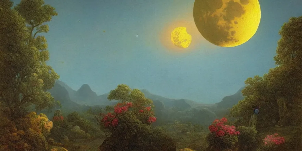 Image similar to a moon landscape with many craters, in a big crater at the center there is a beautiful garden, 8 k, lowbrow in the style of martin johnson heade and daniel merriam!