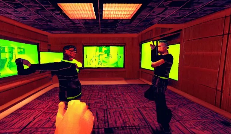 Image similar to ltj bukem npc in perfect dark giving you dj training, 9 0 s first person shooter, low poly, gameplay screenshot