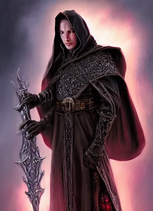 Image similar to dark black cloak male priest, ultra detailed fantasy, dndbeyond, bright, colourful, realistic, dnd character portrait, full body, pathfinder, pinterest, art by ralph horsley, dnd, rpg, lotr game design fanart by concept art, behance hd, artstation, deviantart, hdr render in unreal engine 5