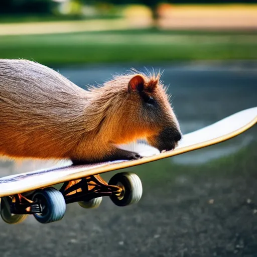 Prompt: A close up photo of a capybara riding a skateboard , 4K, high quality